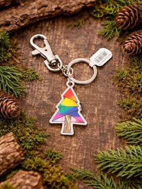 Rainbow Tree Keychain Clip – Colorful Enamel Pine Charm Silver Key Ring NWT